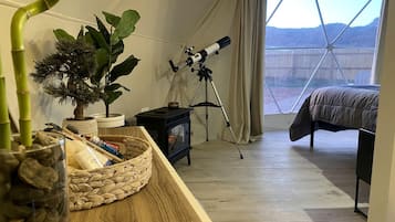 A bedroom with a telescope, a bonsai tree, a woven basket, and a bed.