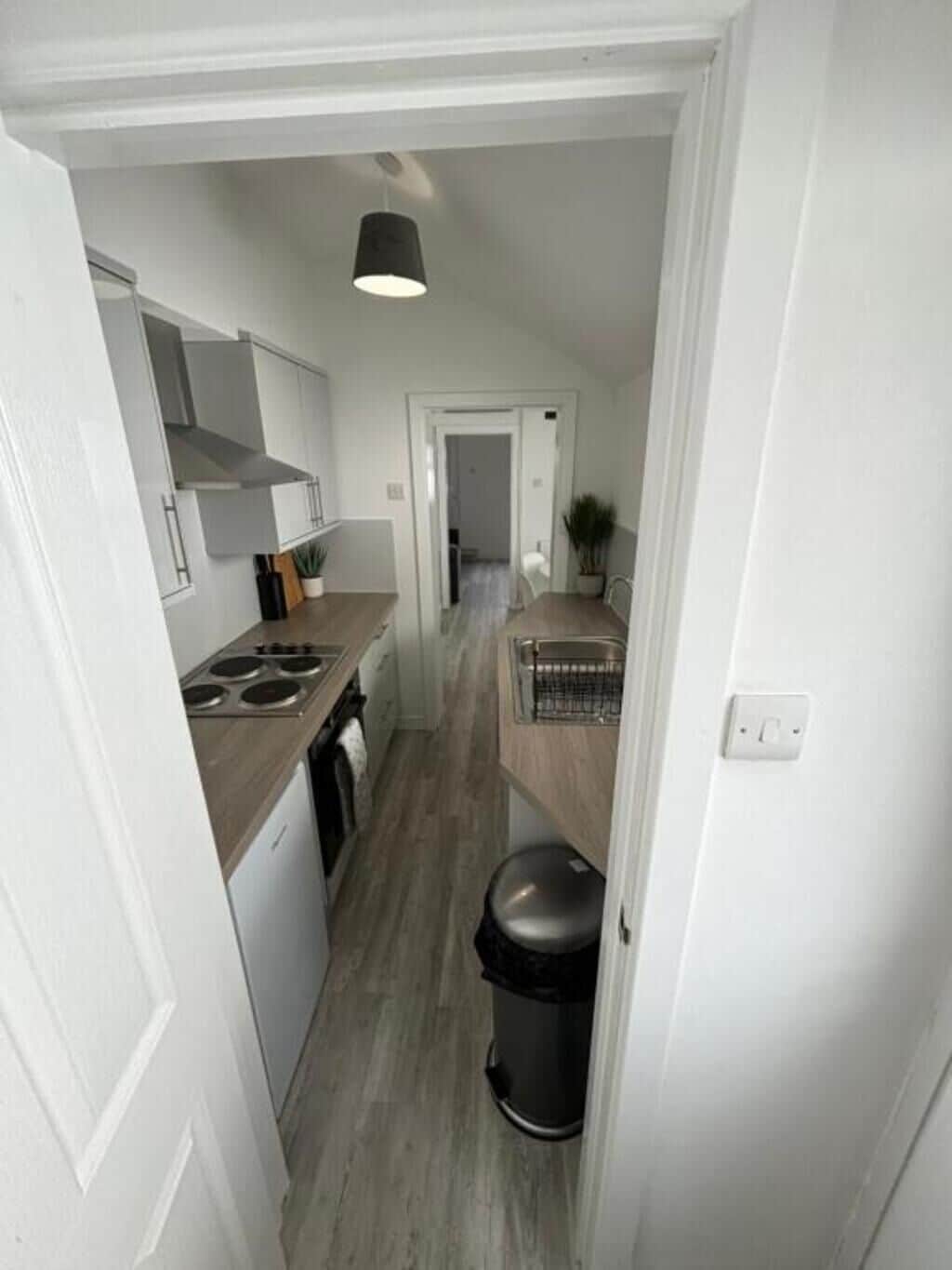 Fridge, oven, electric kettle, toaster