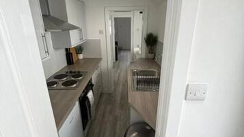 Fridge, oven, electric kettle, toaster