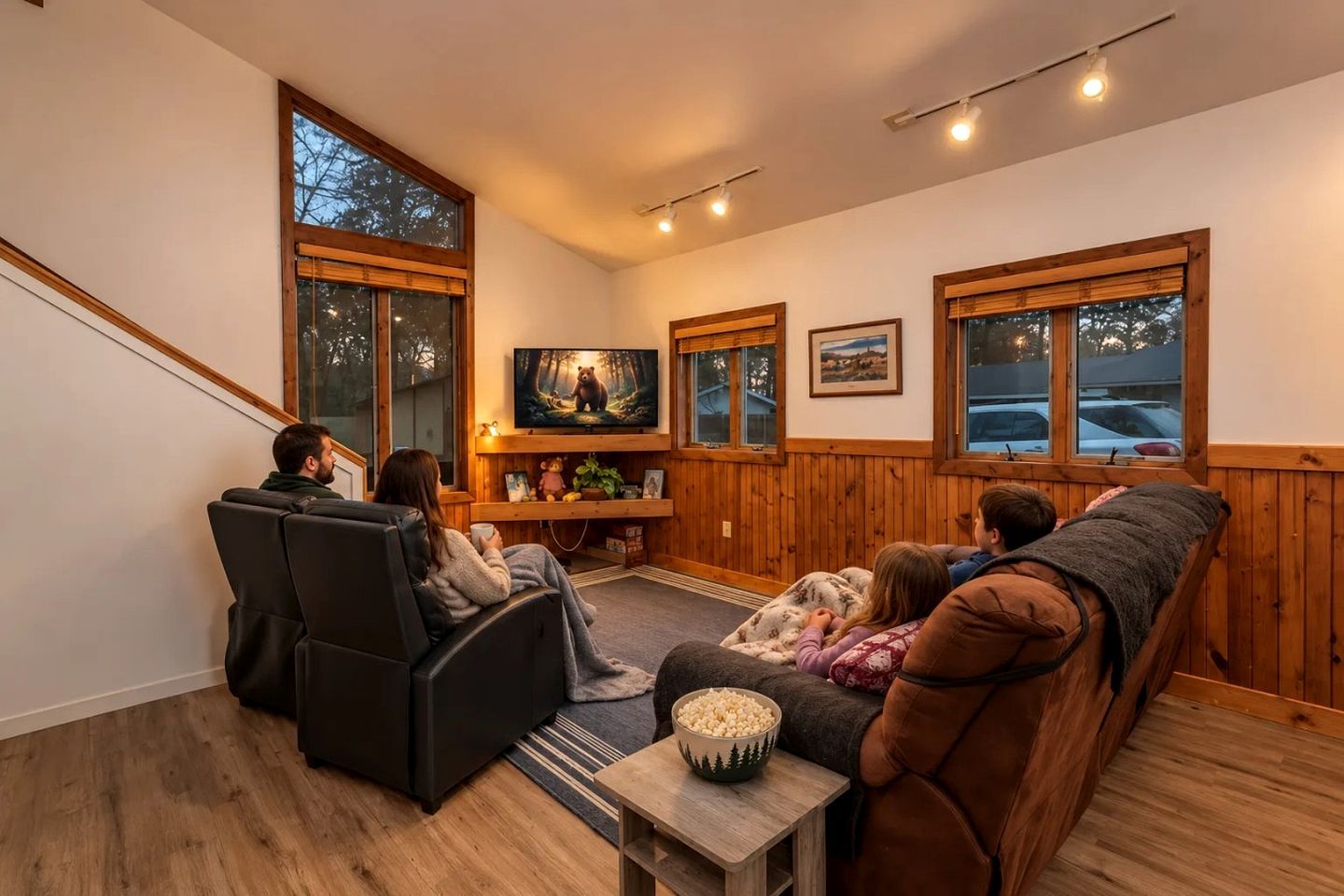A cozy living room with a fireplace, a television, and a comfortable seating area.