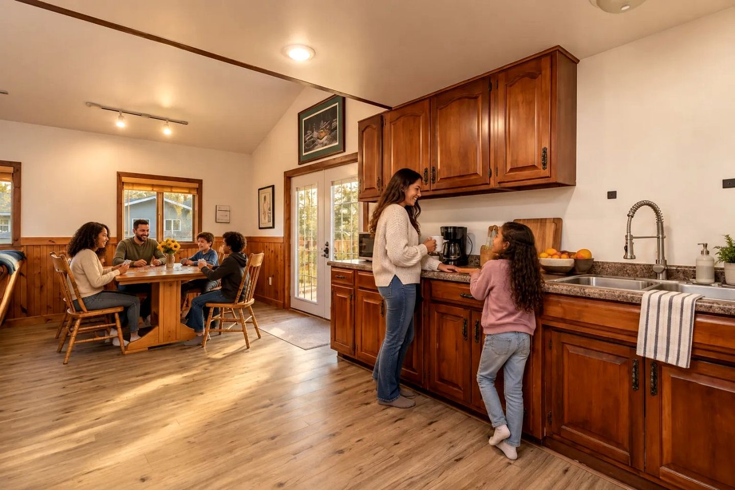 A kitchen with wooden cabinets, a dining area with a table and chairs, and a person standing by the counter.