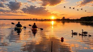 Ein Sonnenuntergang über ruhigem Wasser mit Kajaks und Enten.