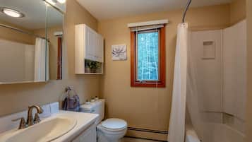 Une salle de bain avec un lavabo, des toilettes et une douche.