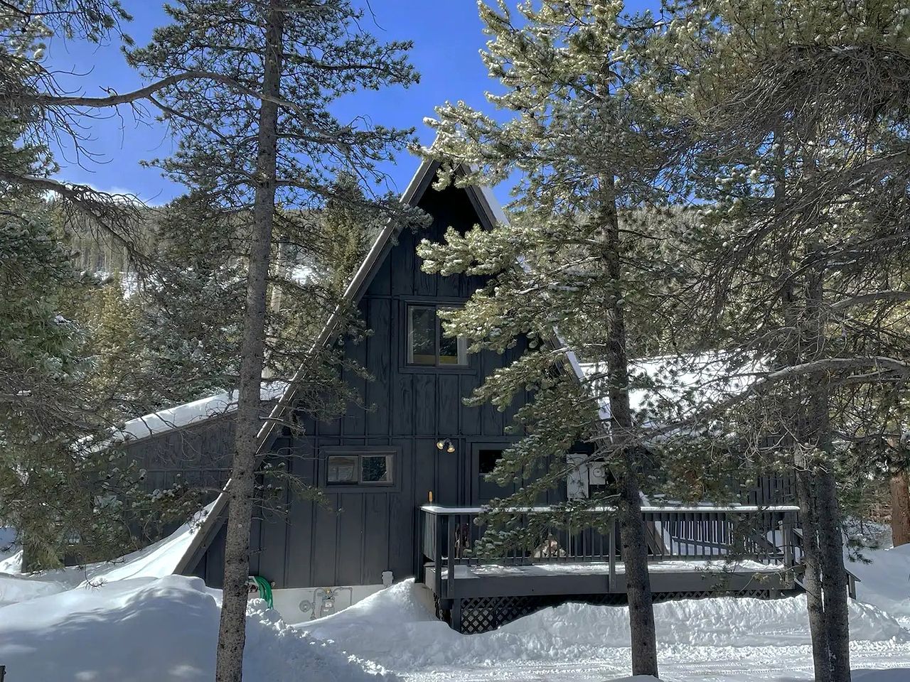 Une cabane avec un toit pentu, entourée d’arbres et de neige.
