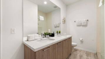 Shower, hair dryer, towels