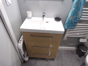 Shower, hair dryer, towels, toilet paper