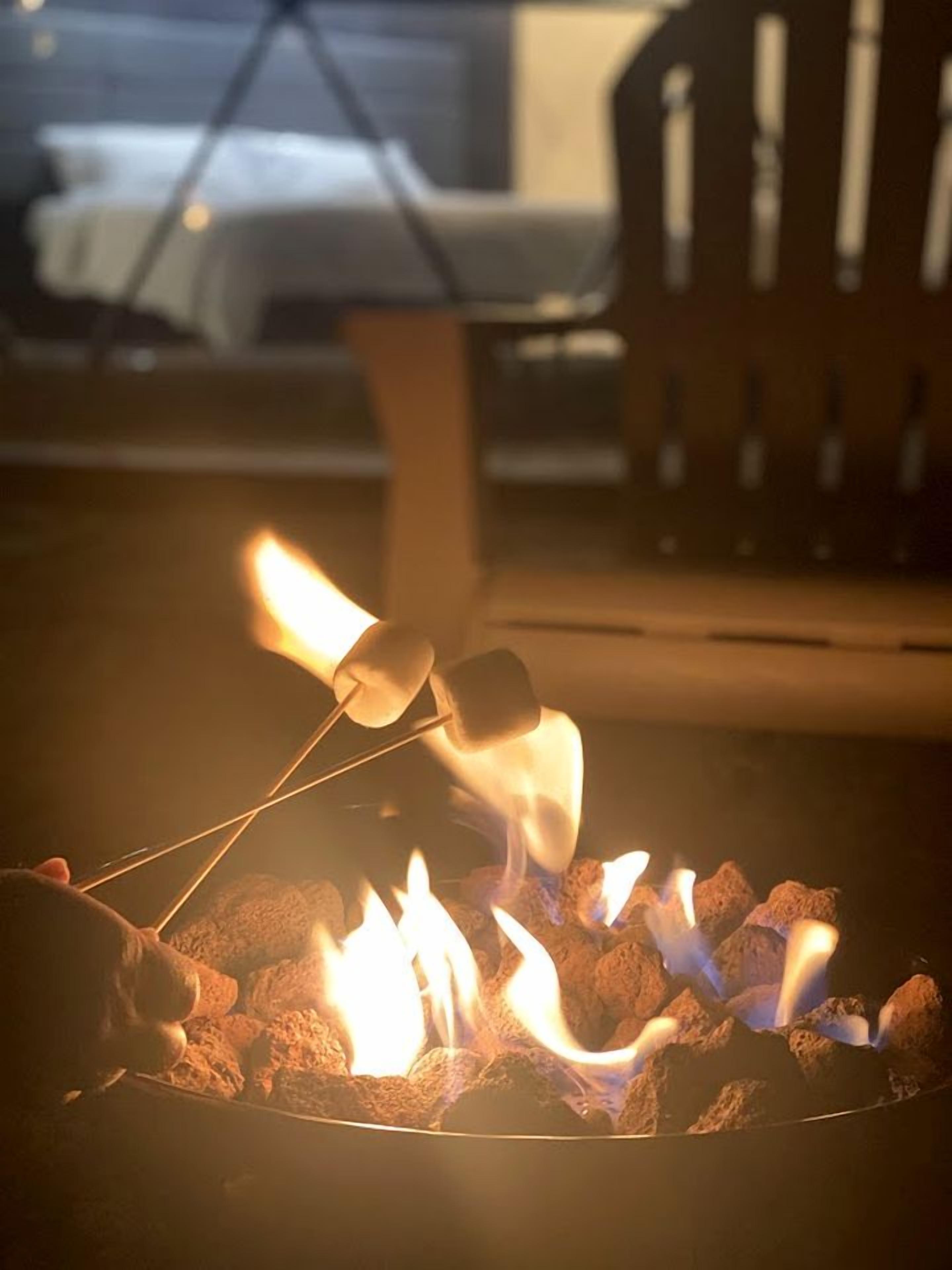 A campfire with marshmallows being roasted.