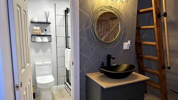 A bathroom with a toilet, a sink with a vessel basin, a wooden ladder, and a wall-mounted mirror.