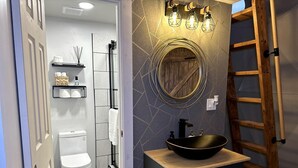 A bathroom with a toilet, a sink with a vessel basin, a wooden ladder, and a wall-mounted mirror. - Wonderful Cozy Dome with Barbecue and Fireplace in Kanab, Utah (Kanab)