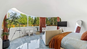 A modern room with a bed, a sofa, a small table, a tripod, and a TV.