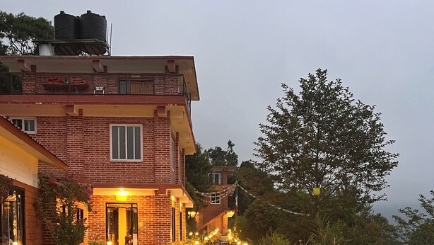 Un sendero bordeado de flores amarillas que conduce a un edificio de ladrillo con balcón.
