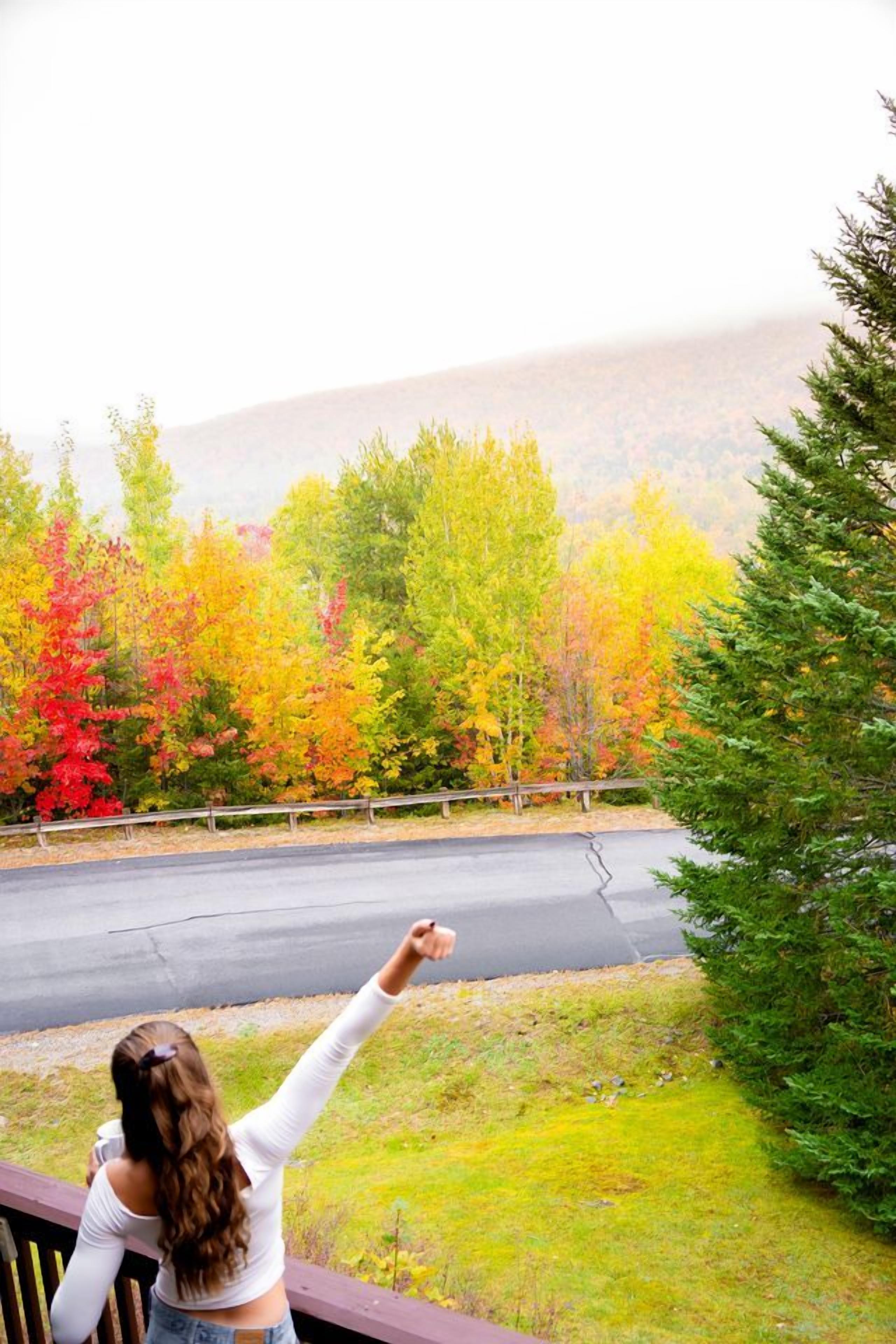 Une personne se tient sur un balcon donnant sur une route bordée d’arbres aux couleurs automnales.