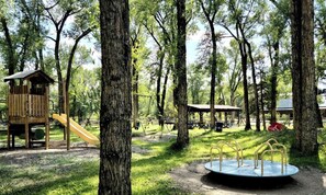 A playground with a slide, swings, and a circular play structure. - Tranquil Two Bedroom Cabin in Riverside, Wyoming (Riverside)