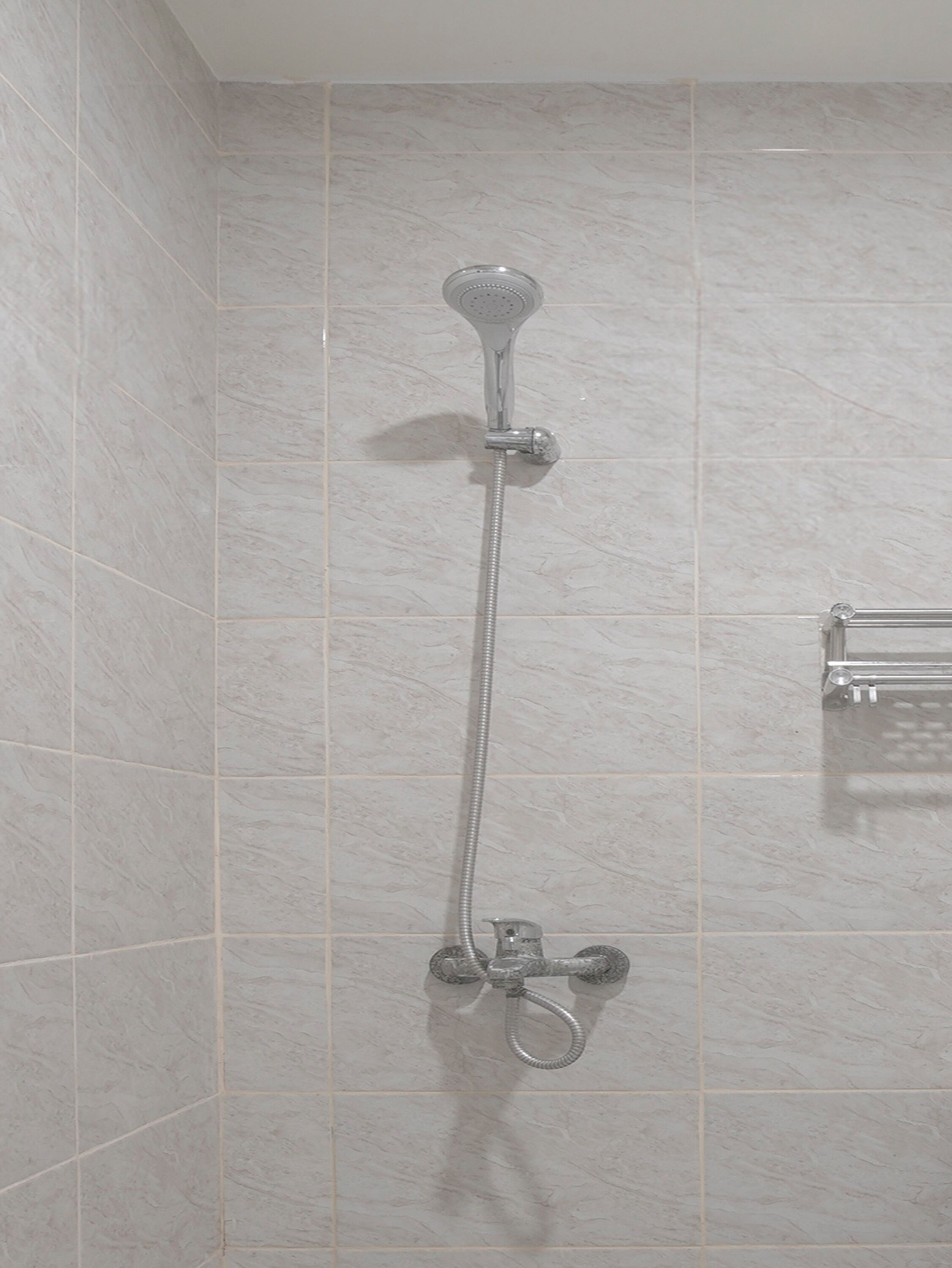 A shower with a handheld showerhead and a handheld hose.