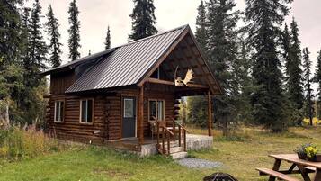 A rustic log cabin with a porch, a fireplace, and a picnic table.