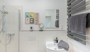 Regadera, secadora de cabello, toallas, papel de baño 