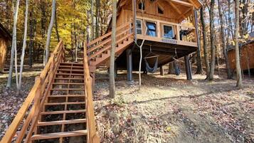 A wooden treehouse with a staircase leading up to it, surrounded by autumn-colored trees.