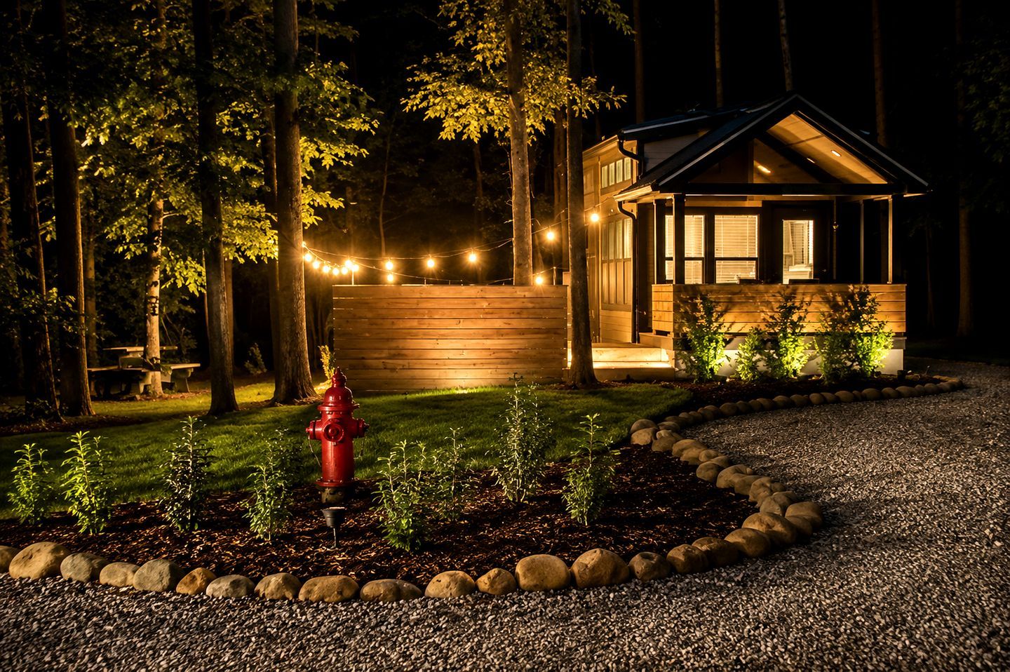 A house with a wooden exterior, a red fire hydrant, and a gravel driveway.