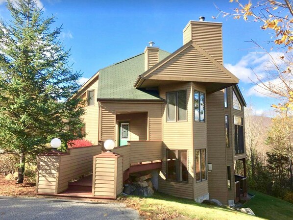 A two-story house with a green roof, a chimney, and a small porch with a lamp.