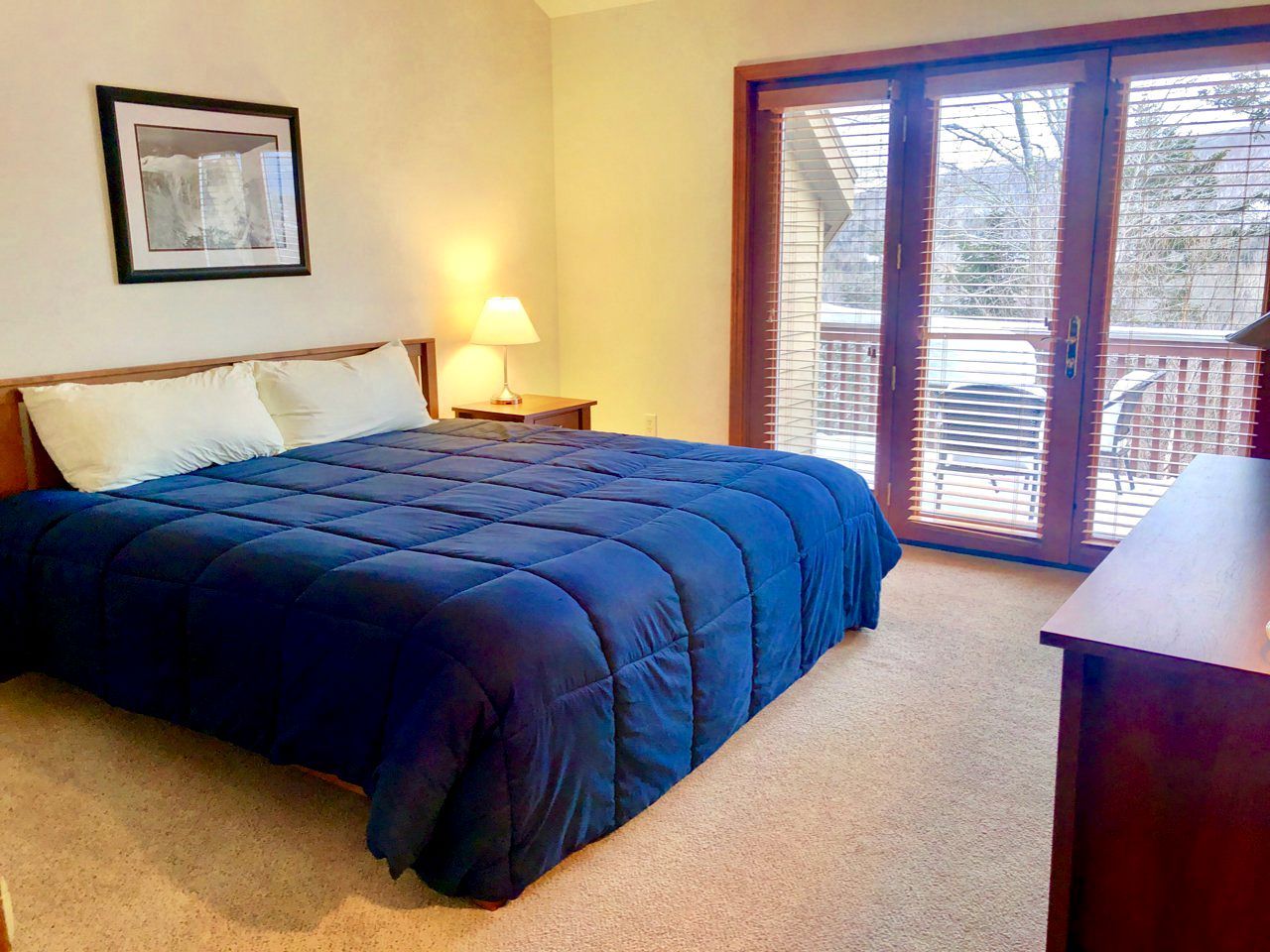 A bedroom with a bed, a nightstand, a lamp, a framed picture on the wall, and a view through a sliding glass door.