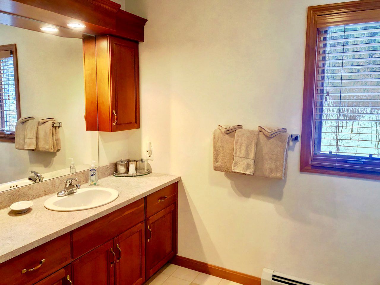 A bathroom with a sink, mirror, wooden cabinets, and towels on a rack.