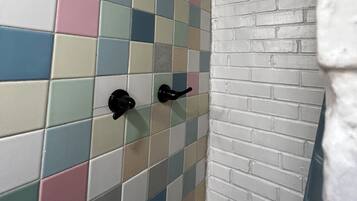 Shower, towels, soap, toilet paper