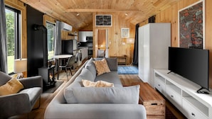 TV, fireplace - Scandinavian-Style Cottage Fully Equipped in Vermont (Wolcott)