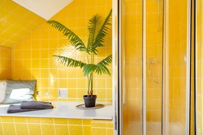 Shower, hair dryer, towels