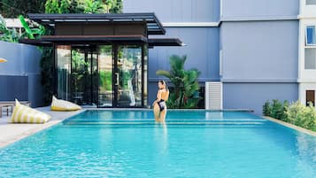 Outdoor pool, pool umbrellas, pool loungers