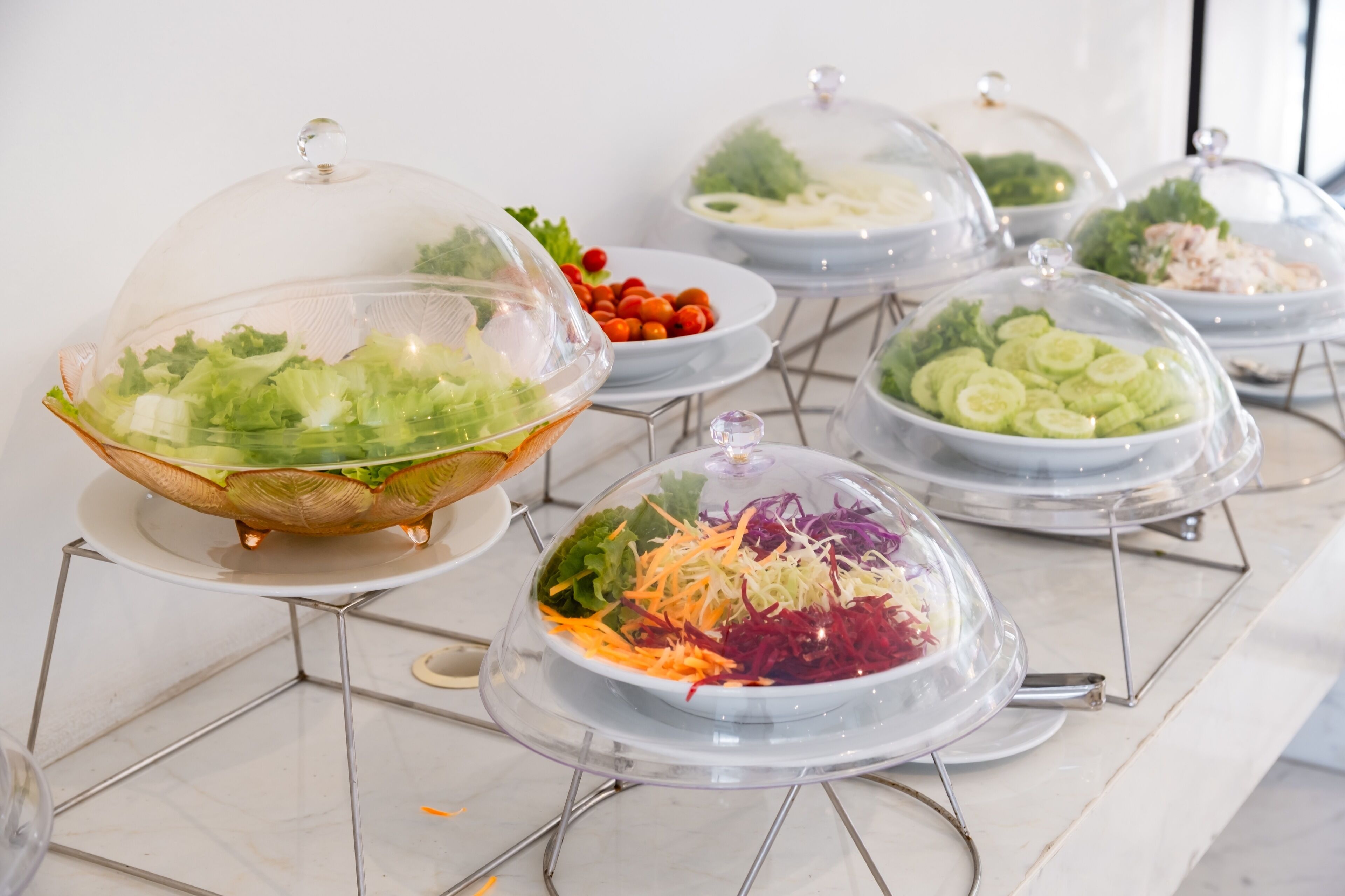 A buffet with various covered dishes of salads and vegetables.