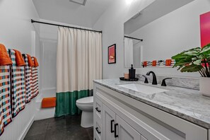 Jetted tub, hair dryer, towels, soap