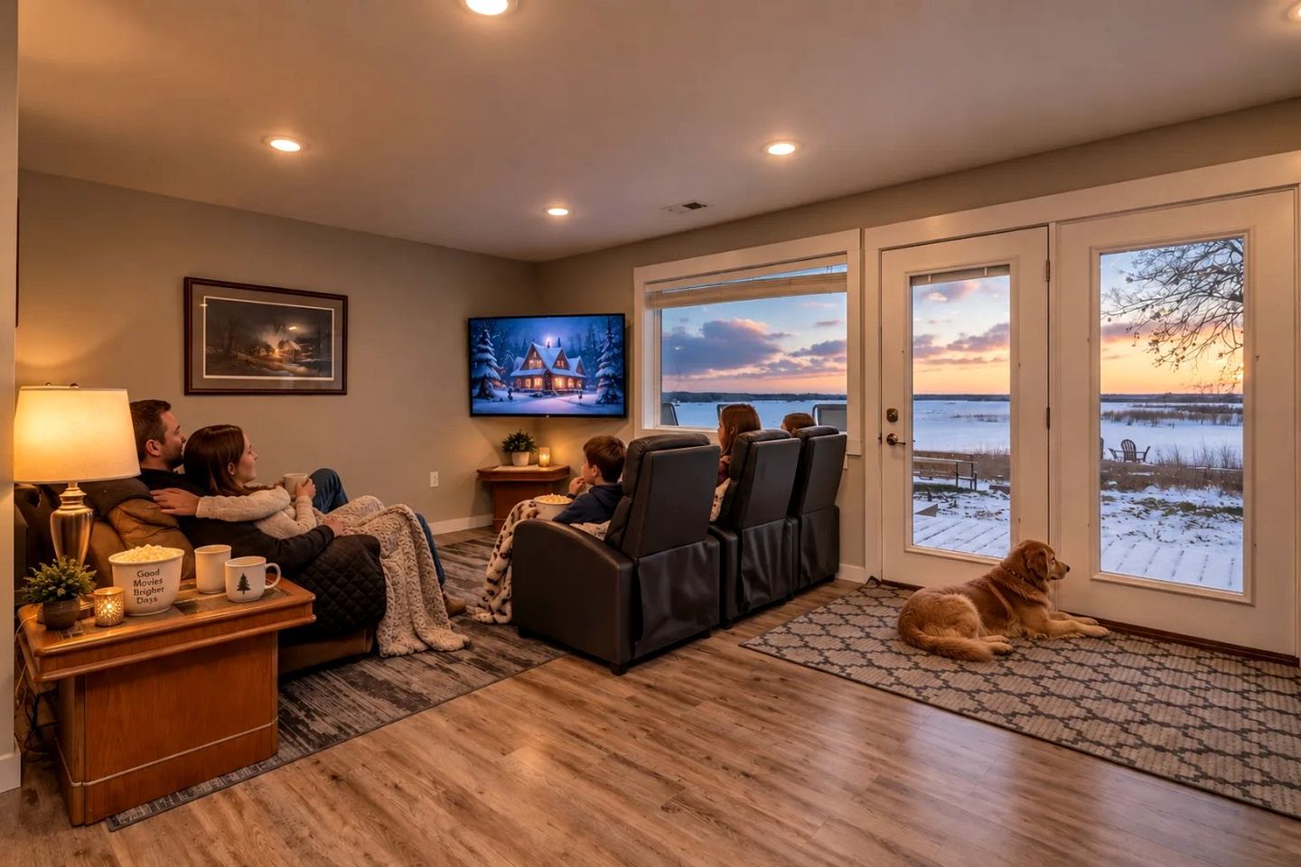 A cozy living room with a fireplace, a television, and a view of a snowy landscape through large sliding doors.