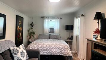 A bedroom with a bed, a sofa, a TV, and a lamp.