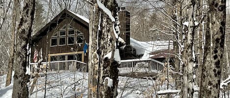 Una cabaña con fachada de madera, una chimenea y un techo cubierto de nieve.
