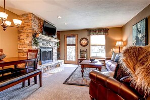 Televisión, chimenea y reproductor de DVD