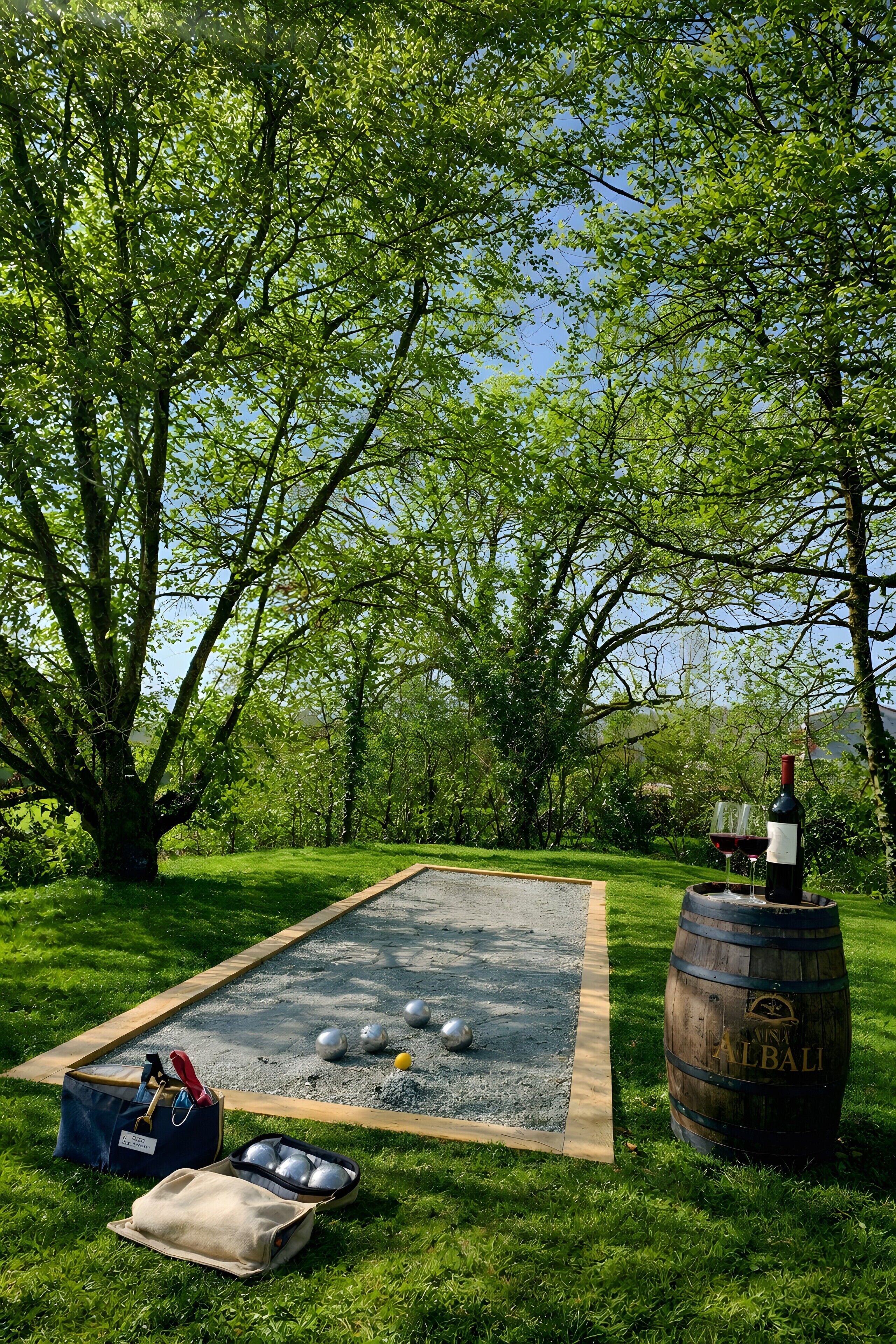 A croquet field with a wine barrel and a bag of balls.