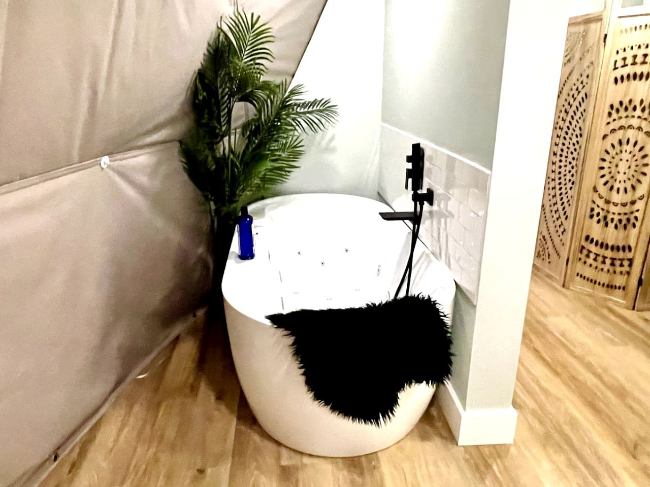 Une salle de bain avec une baignoire, une plante en pot et un meuble en bois.