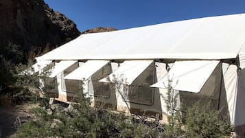 A row of white tents with a rocky cliff in the background.
