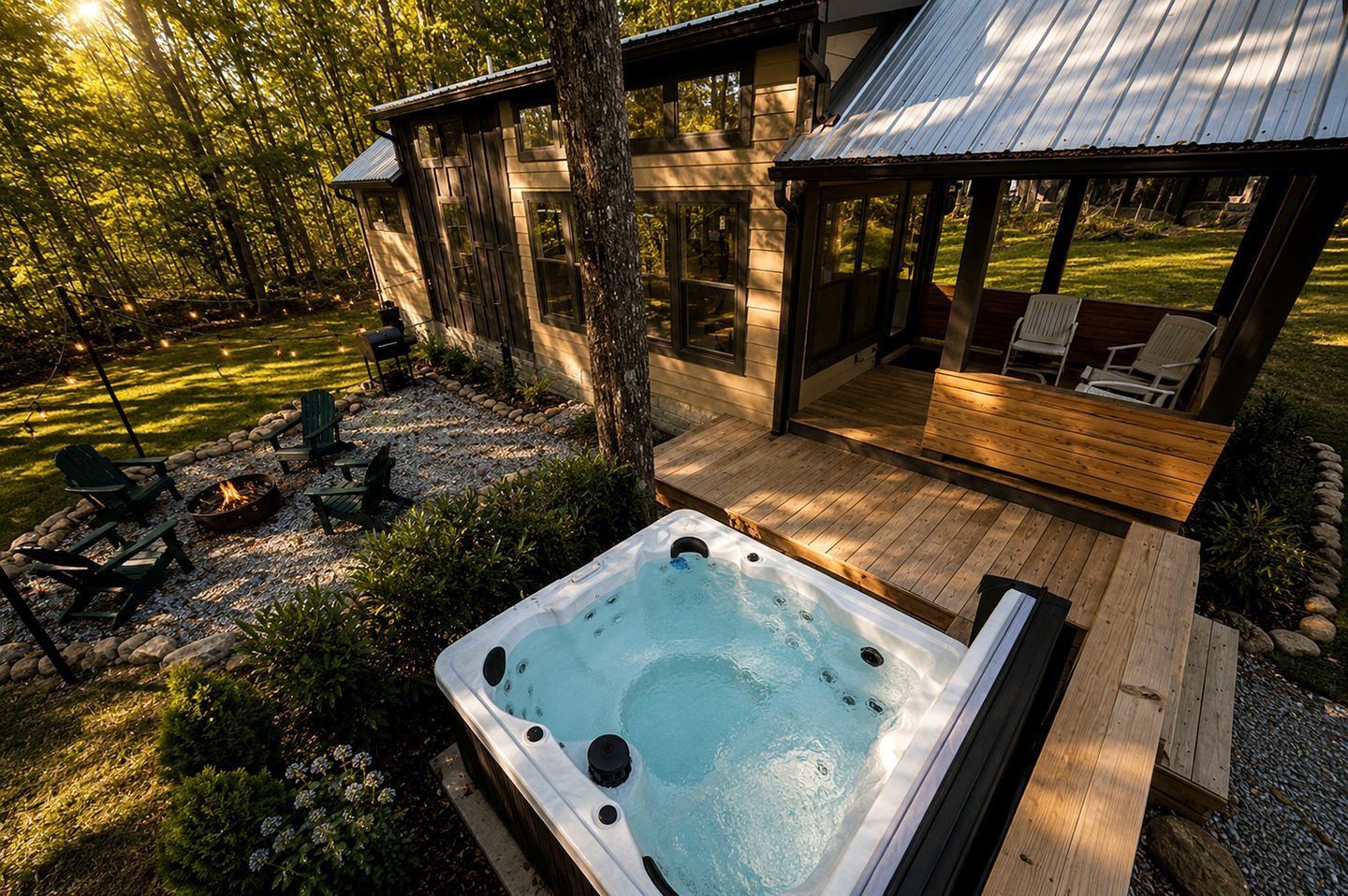 A hot tub with a wooden deck, outdoor seating, and a covered area with chairs.
