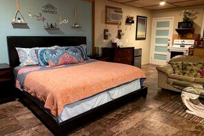 1 bedroom, desk, iron/ironing board, bed sheets