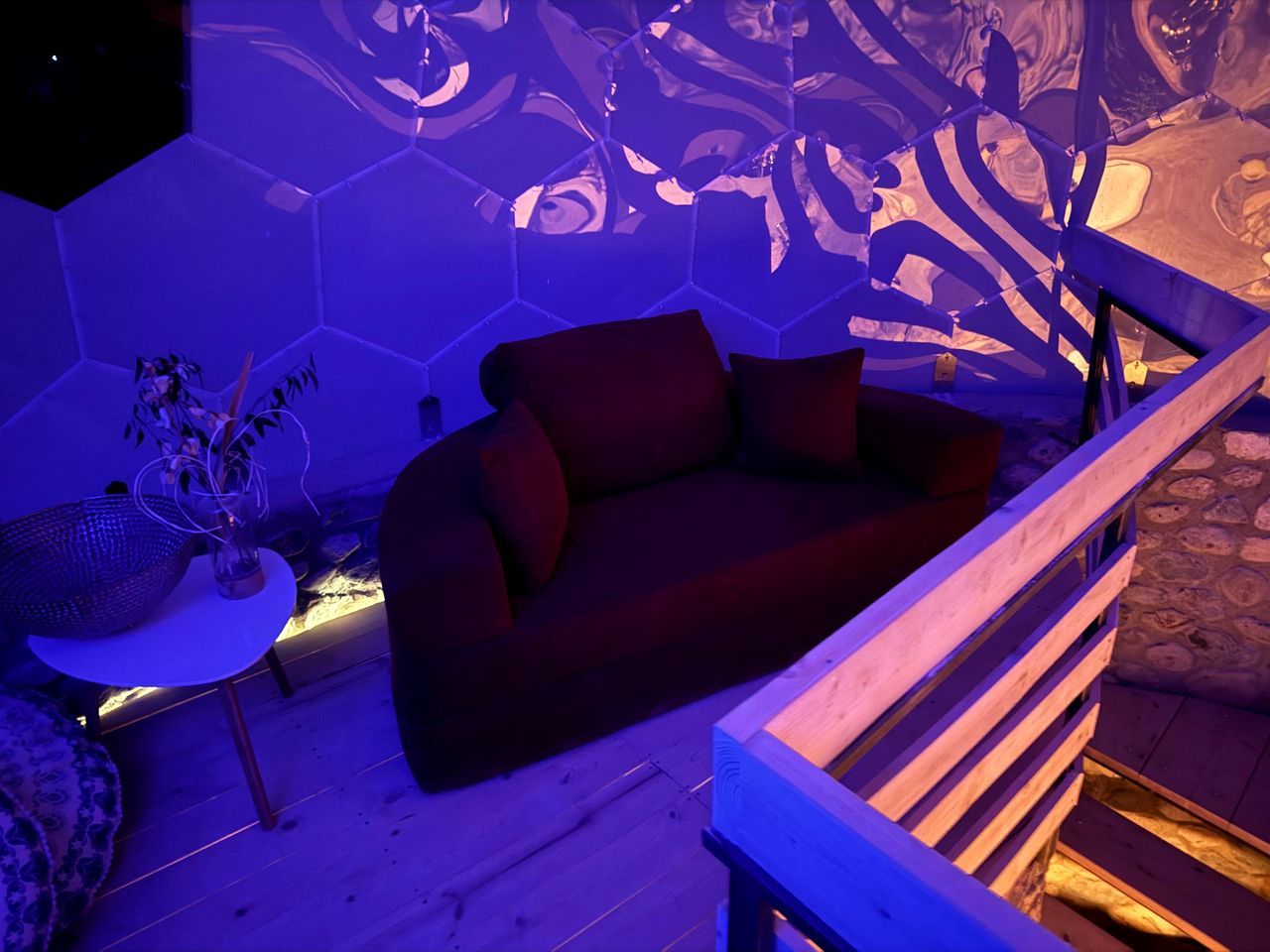 Un espace de vie moderne comprenant un canapé, une petite table et une plante décorative.