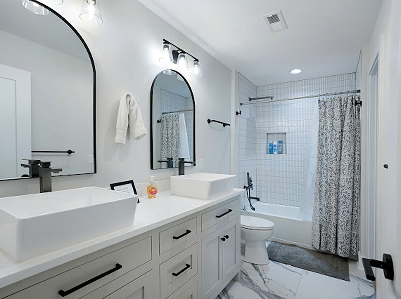 Hair dryer, towels, soap, shampoo