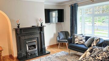 A modern living room with a fireplace, a sofa, a TV, and a window with curtains.