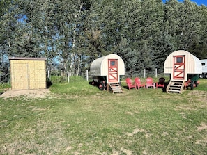 Dos casas móviles con puertas rojas, un cobertizo pequeño y sillas rojas en un área con césped y árboles al fondo.