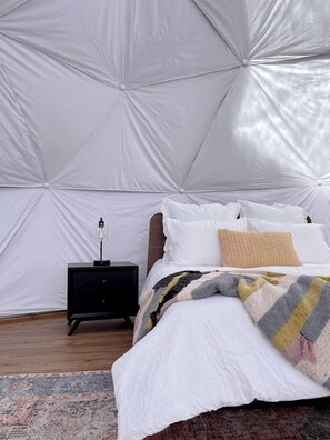 A bedroom with a bed, pillows, a bedside table with a lamp, and a patterned rug.