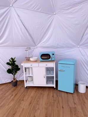 Una kitchenette con microondas, un refrigerador pequeño, un armario con espacio de almacenamiento y una planta en maceta.