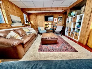 A cozy living room with a brown leather sofa, a patterned rug, and a bookshelf filled with various items. - Family-Friendly Cabin Surrounded by Nature with Indoor Sauna in Grand Marais, Minnesota (Grand Marais)