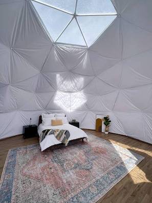 Una habitación amplia y bien iluminada con un diseño geométrico en el techo, una cama con un tapete estampado y una mesita de noche con una planta.