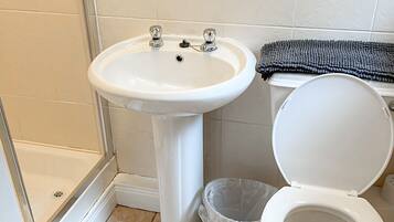 A bathroom with a pedestal sink, toilet, and shower.