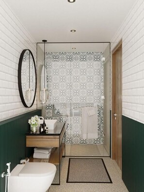 Regadera, secadora de cabello, toallas, jabón 